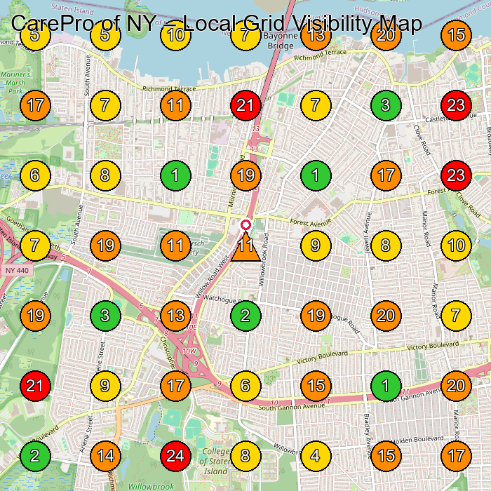 CarePro of NY Home Health Care Service GeoGrid ranking map for Staten Island NY